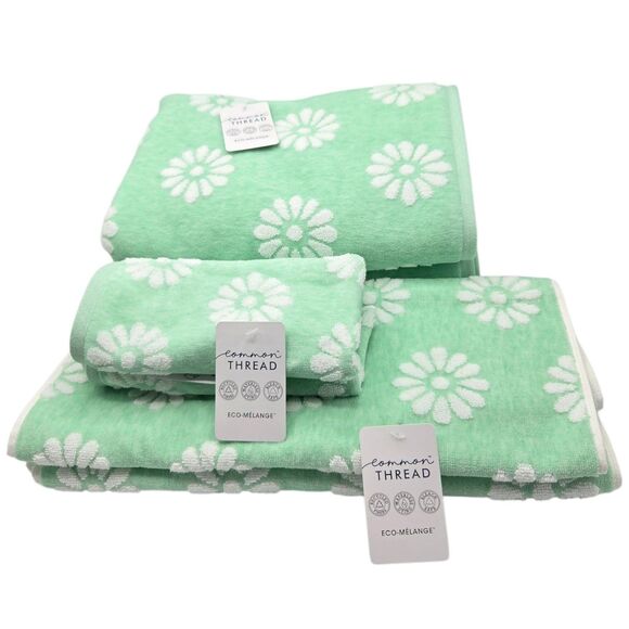 Common Thread Eco Melange White Daisy Mint Green Zero Twist Cotton Towel Set 6pc - Picture 1 of 9